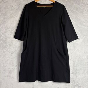 Eileen Fisher Black Organic Cotton V-Neck Shift Dress Pockets Womens Medium Cozy